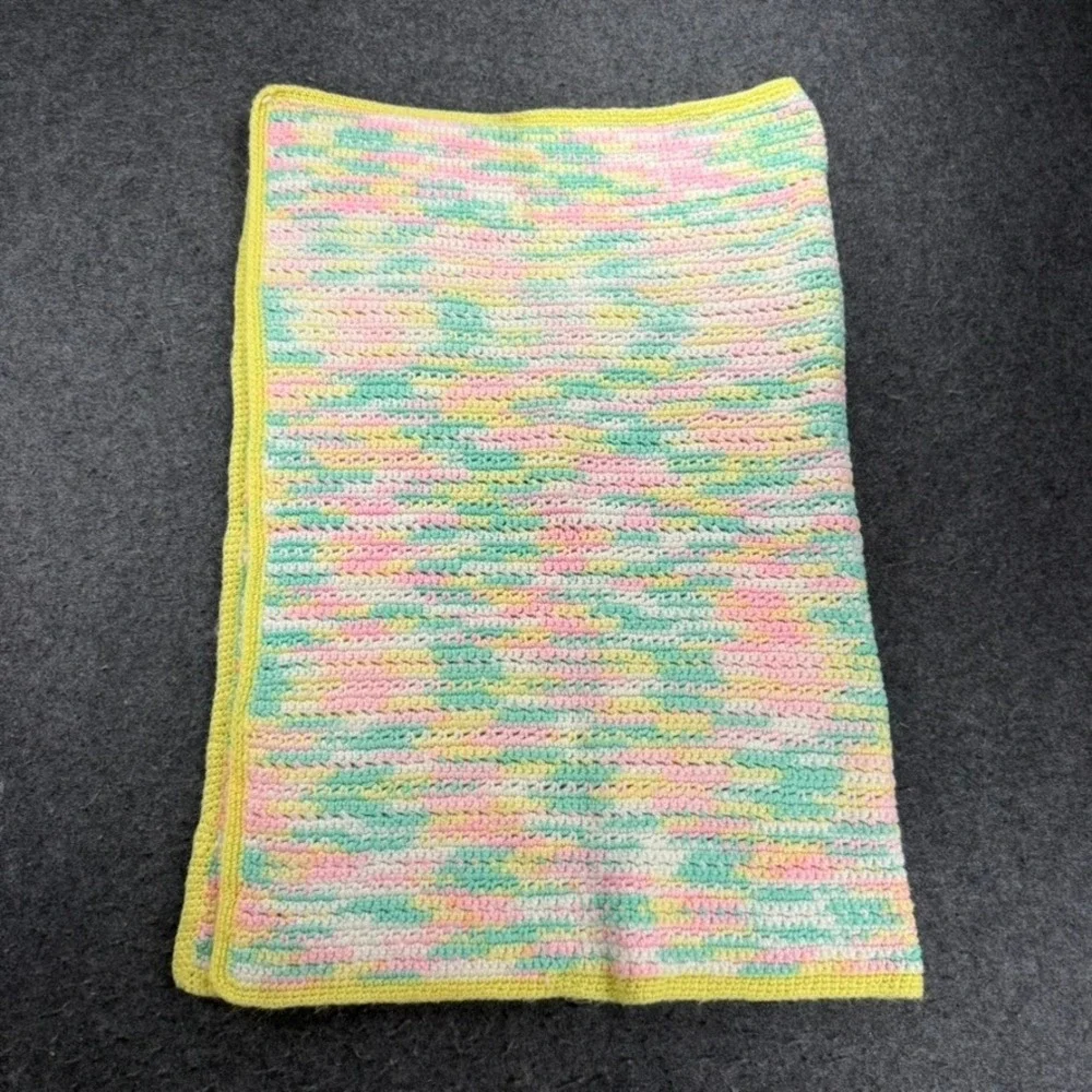 Crochet Baby Blanket Pastel Yellow Pink Green Handmade Knit‎ Afghan